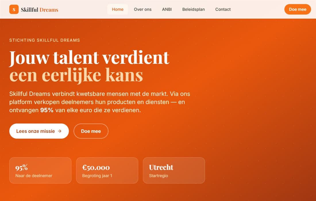 Screenshot van de website van Skillful Dreams