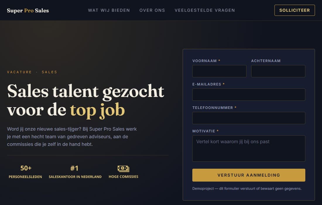 Screenshot van de website van Super Pro Sales